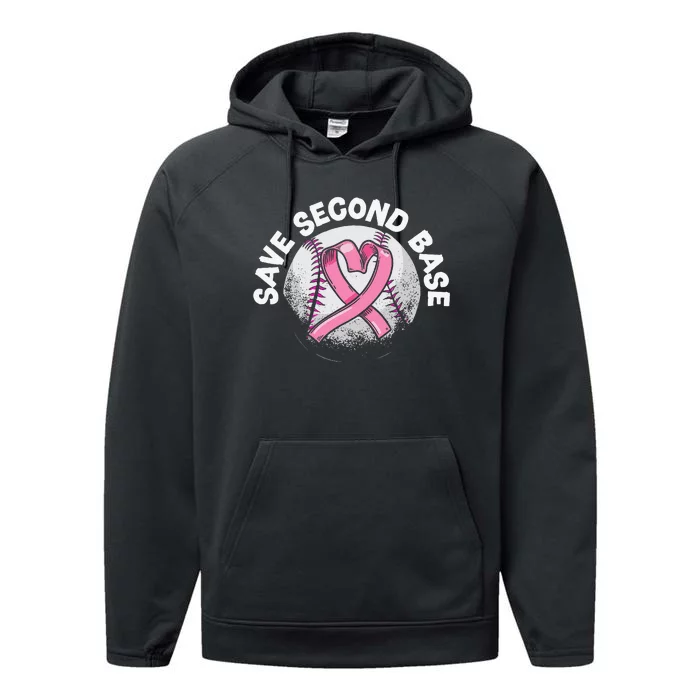 Save 2nd Base Baseball Player Breast Cancer Awareness Performance Fleece Hoodie