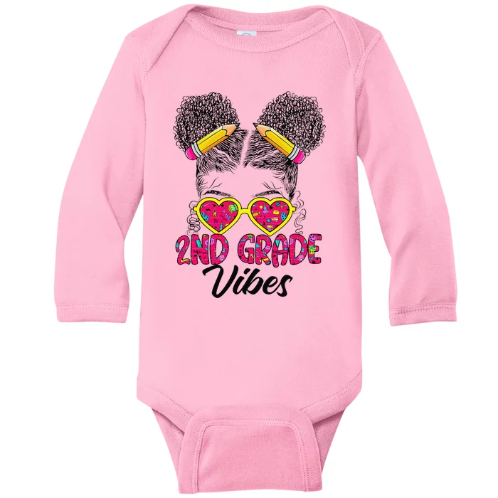 Second 2nd Grade Vibes Messy Bun Back To School Afro Baby Long Sleeve Bodysuit