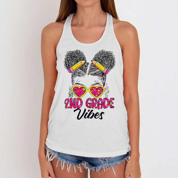 Second 2nd Grade Vibes Messy Bun Back To School Afro Women's Knotted Racerback Tank