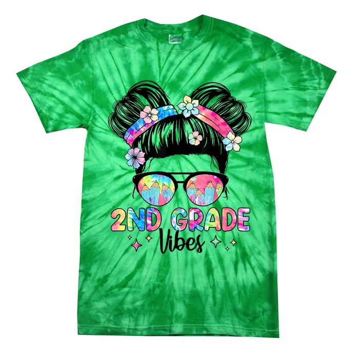 Second 2nd Grade Vibes Back To School Cute Messy Bun Girls Tie-Dye T-Shirt