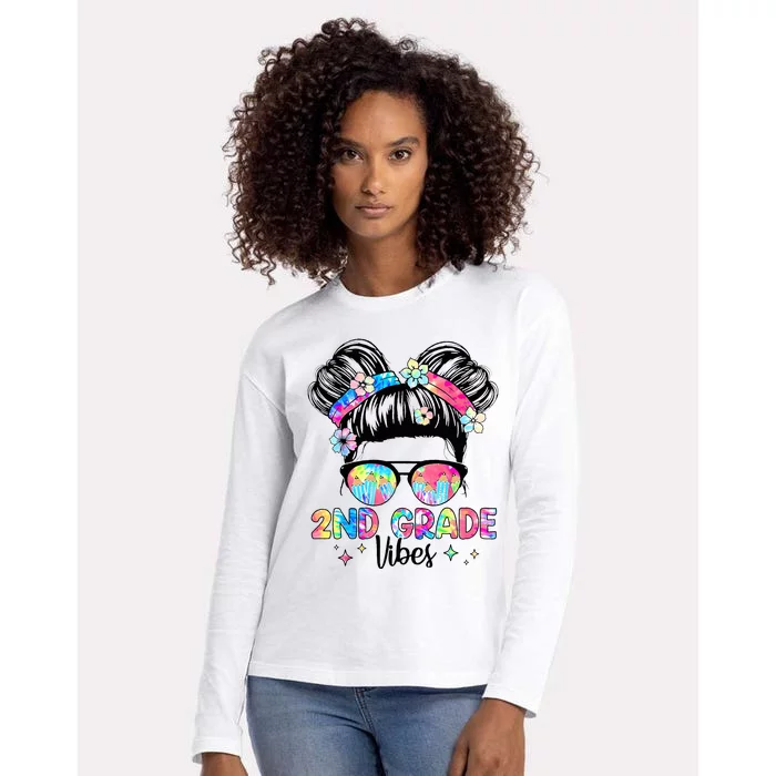 Second 2nd Grade Vibes Back To School Cute Messy Bun Womens Cotton Relaxed Long Sleeve T-Shirt