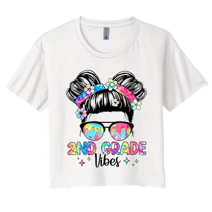 Second 2nd Grade Vibes Back To School Cute Messy Bun Women's Crop Top Tee