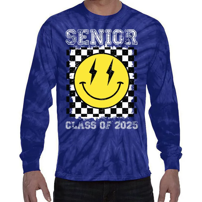 Senior 2025 Graduation Retro Happy Smile Face Class Of 2025 Tie-Dye Long Sleeve Shirt