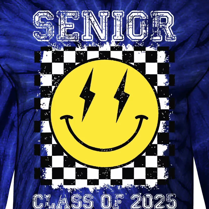 Senior 2025 Graduation Retro Happy Smile Face Class Of 2025 Tie-Dye Long Sleeve Shirt