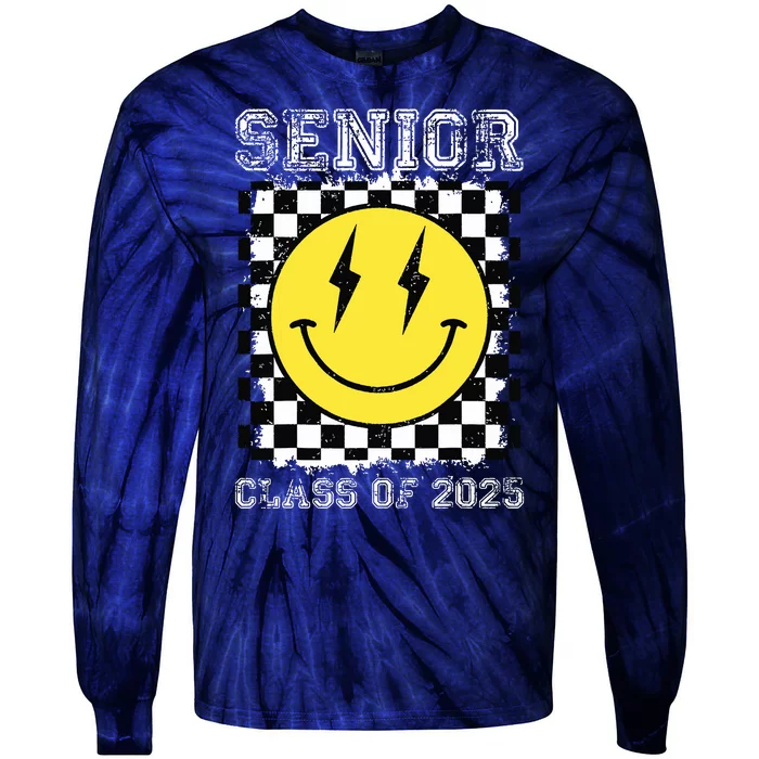 Senior 2025 Graduation Retro Happy Smile Face Class Of 2025 Tie-Dye Long Sleeve Shirt