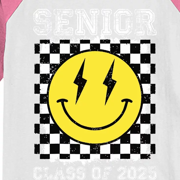 Senior 2025 Graduation Retro Happy Smile Face Class Of 2025 Kids Colorblock Raglan Jersey