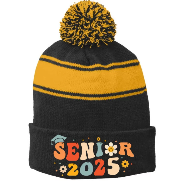 Senior 2025 Groovy Retro Senior Class Of 2025 Graduation Stripe Pom Pom Beanie