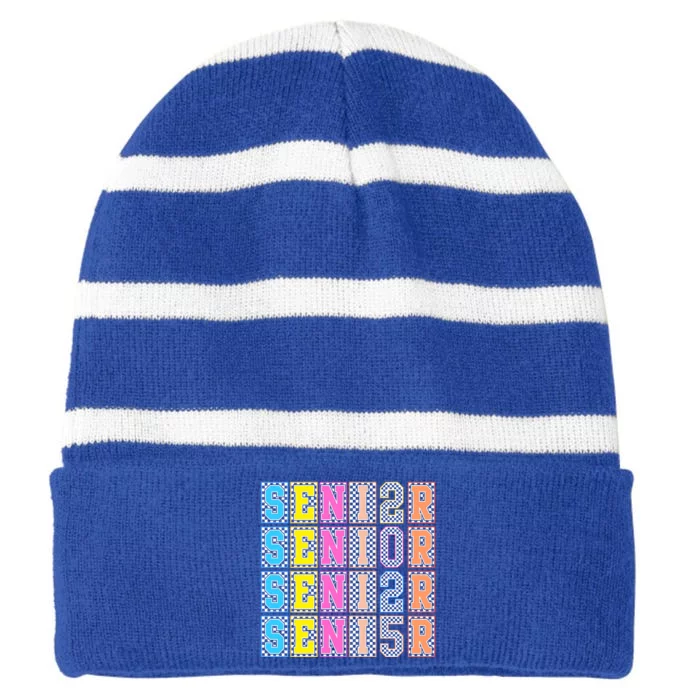 Senior 2025 Retro Checkered Striped Beanie with Solid Band