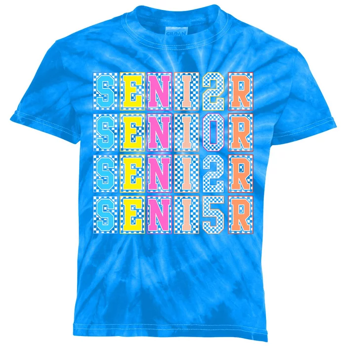 Senior 2025 Retro Checkered Kids Tie-Dye T-Shirt