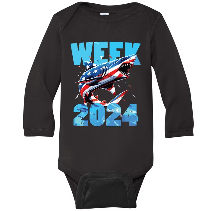 Shark 2024 Week Passion For Shark Usa America Flag Baby Long Sleeve Bodysuit