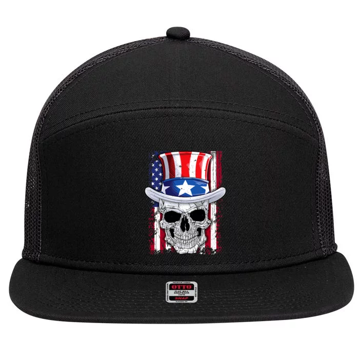 Skull 4th Of July Uncle Sam American Flag 7 Panel Mesh Trucker Snapback Hat