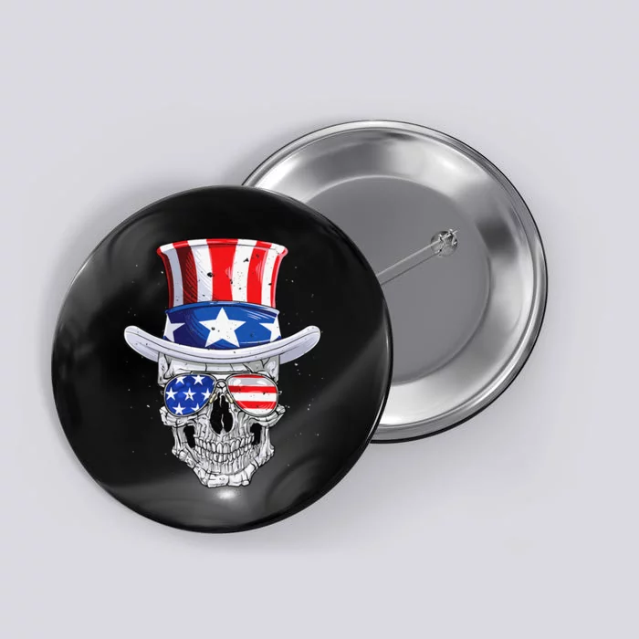 Skull 4th of July T shirt Uncle Sam American Flag Button