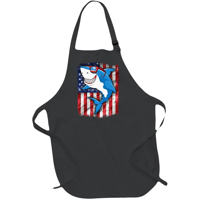 Shark 4th of July American Flag Jawsome Full-Length Apron With Pocket