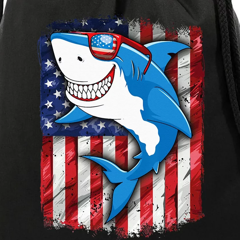 Shark 4th of July American Flag Jawsome Drawstring Bag