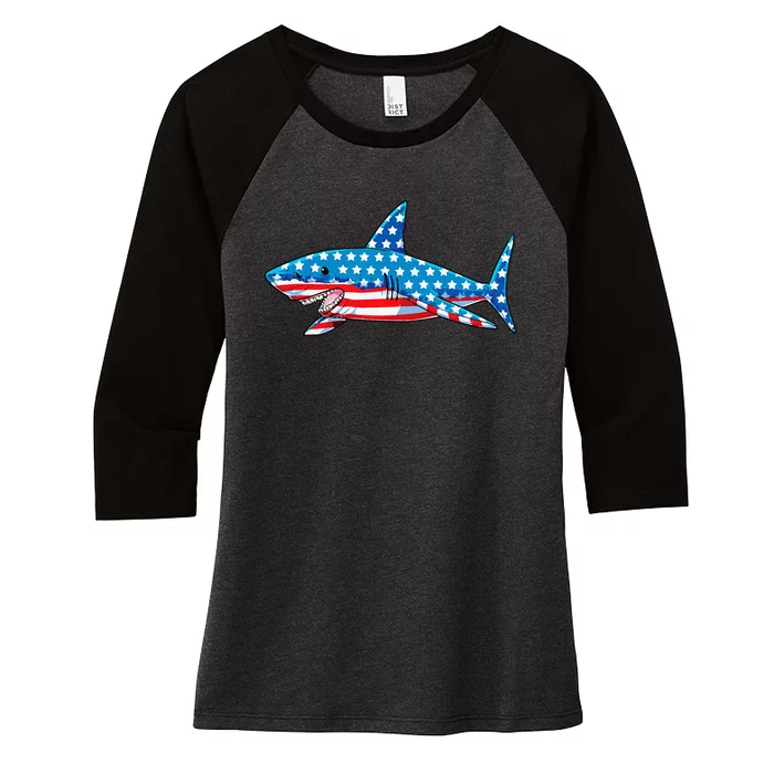 Shark 4th of July American Flag Jawsome Women's Tri-Blend 3/4-Sleeve Raglan Shirt