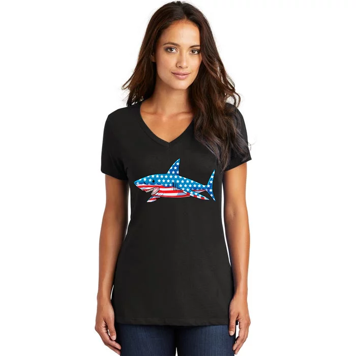 Shark 4th of July American Flag Boy Women's V-Neck T-Shirt