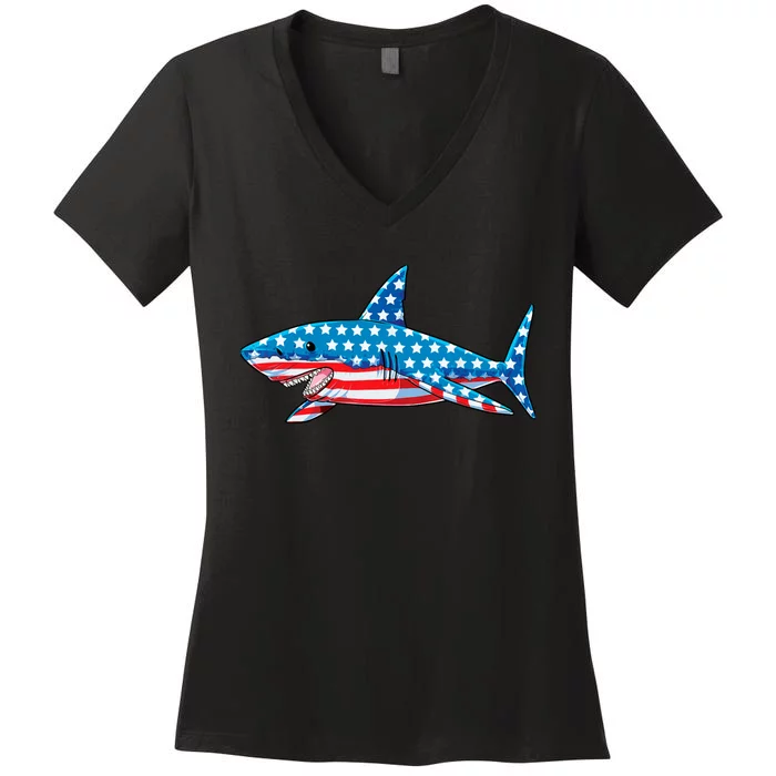 Shark 4th of July American Flag Boy Women's V-Neck T-Shirt