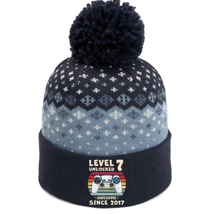 Seven 7th Birthday Decoration Boy 7yr 7 Year Old Birthday The Baniff Cuffed Pom Beanie