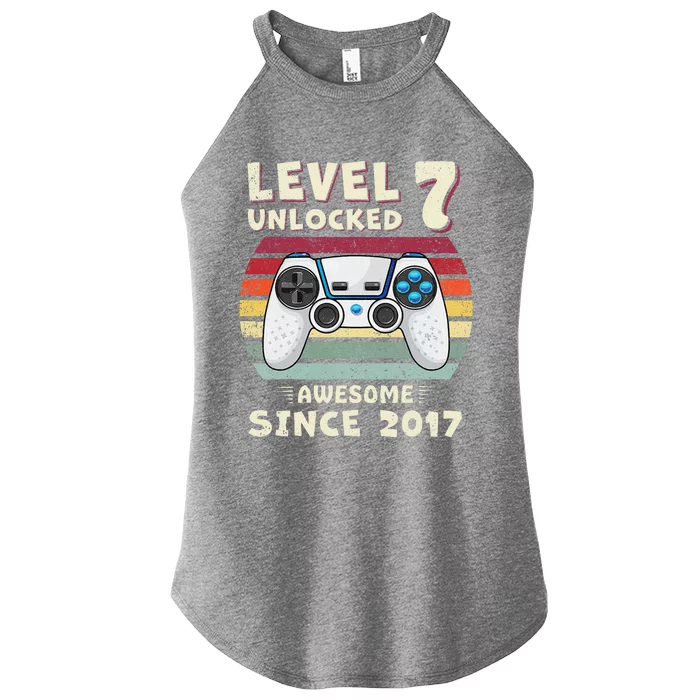 Seven 7th Birthday Decoration Boy 7yr 7 Year Old Birthday Women’s Perfect Tri Rocker Tank