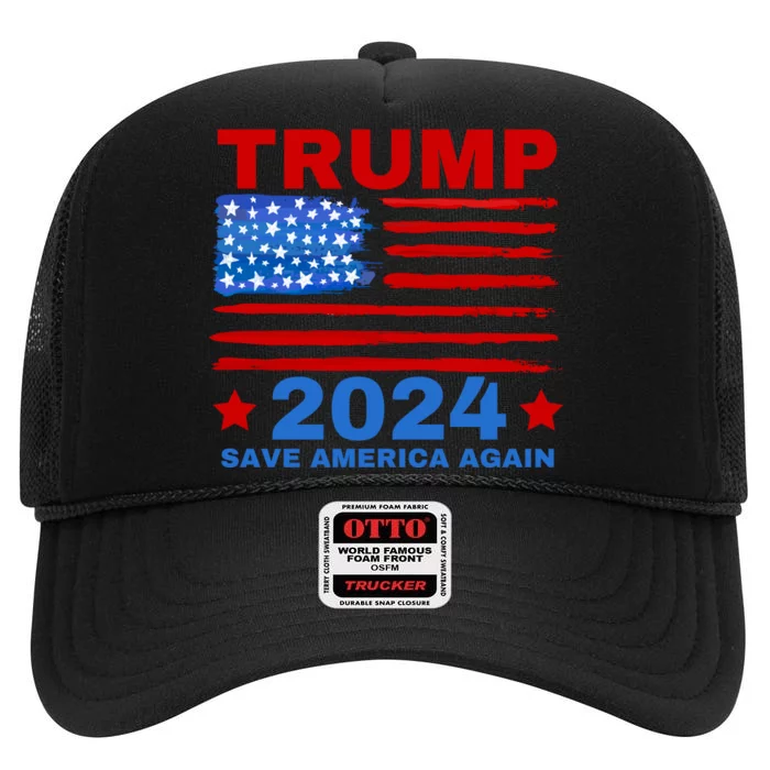 Save America Again 2024 Trump American Flag High Crown Mesh Trucker Hat