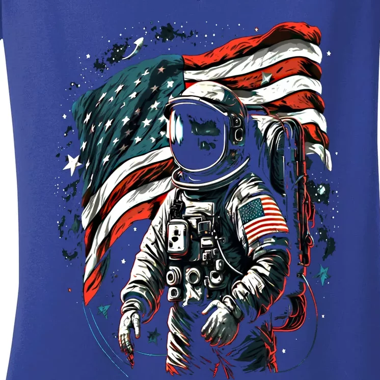 Space Astronaut American Flag Astronomy 4th Of July Gift Women's V-Neck T-Shirt