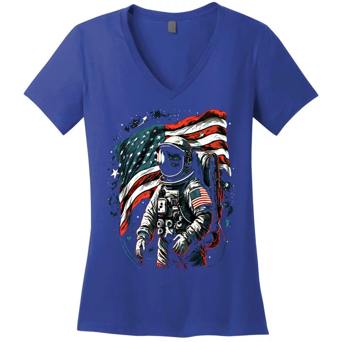 Space Astronaut American Flag Astronomy 4th Of July Gift Women's V-Neck T-Shirt