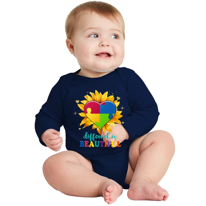 Sunflower Autism Awareness Puzzle Different Is Beautiful Gift Baby Long Sleeve Bodysuit