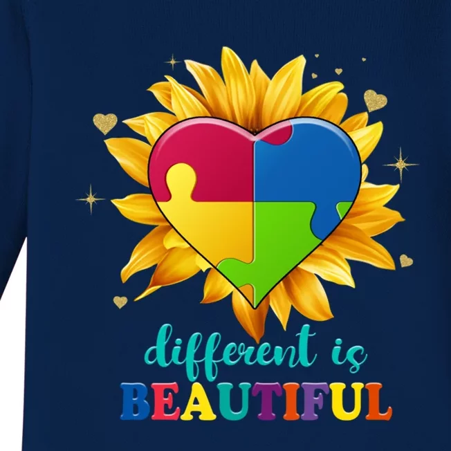 Sunflower Autism Awareness Puzzle Different Is Beautiful Gift Baby Long Sleeve Bodysuit