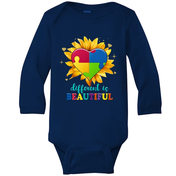 Sunflower Autism Awareness Puzzle Different Is Beautiful Gift Baby Long Sleeve Bodysuit