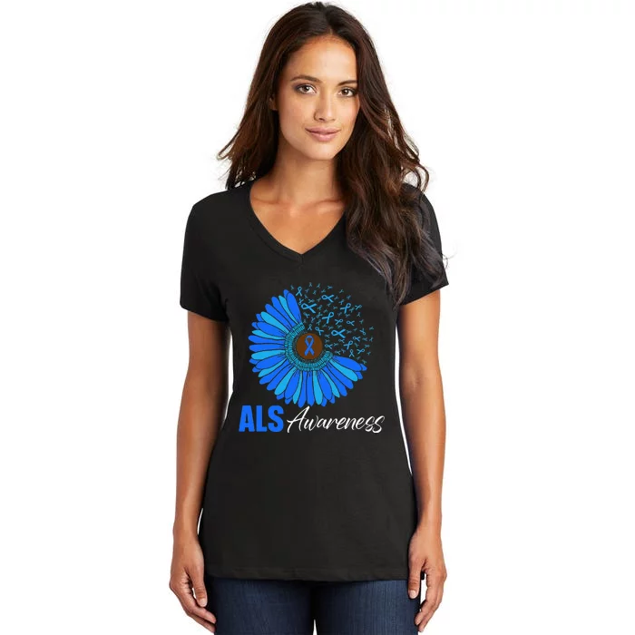 Sunflower ALS Awareness Ribbon Supporter Warrior Floral Women's V-Neck T-Shirt