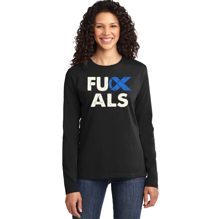 Support ALS Awareness Month Costume Blue Ribbon Ladies Long Sleeve Shirt