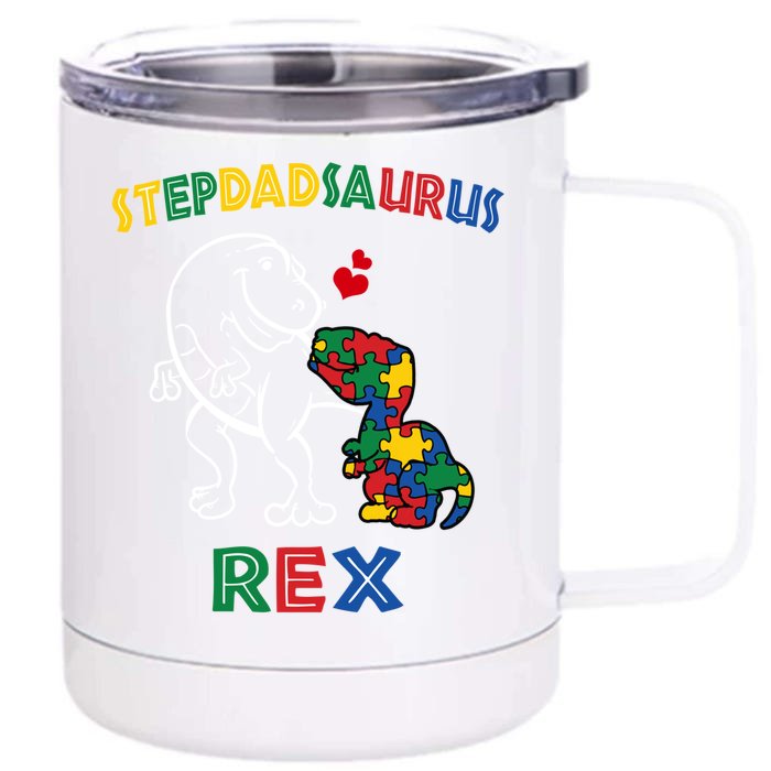 Stepdadsaurus Autism Awareness Stepfather Dinosaur Stepdad Meaningful Gift Front & Back 12oz Stainless Steel Tumbler Cup