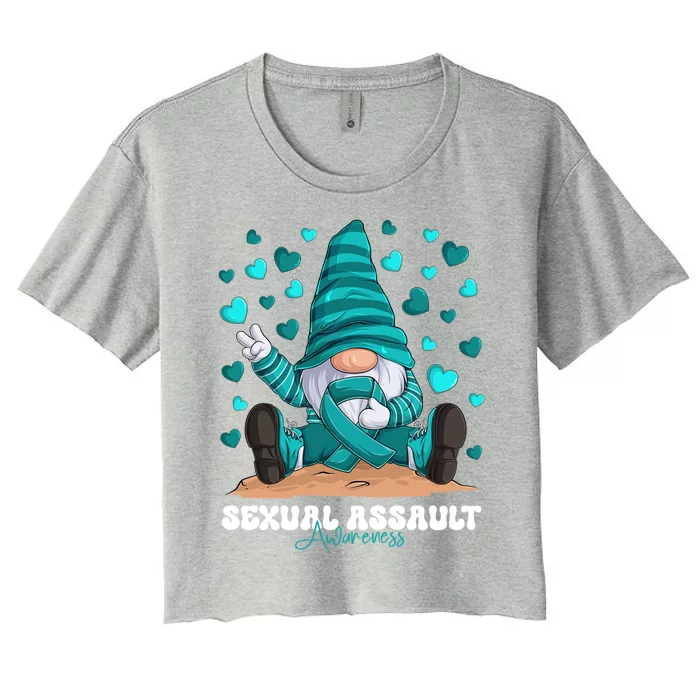 Sexual Assault Awareness Month Teal Ribbon Gnome Gift Women's Crop Top Tee