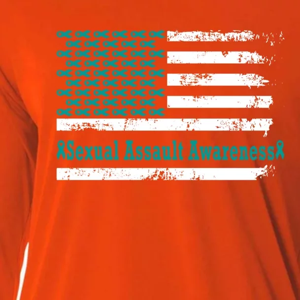 Sexual Assault Awareness Usa Flag American Support Teal Gift Cooling Performance Long Sleeve Crew