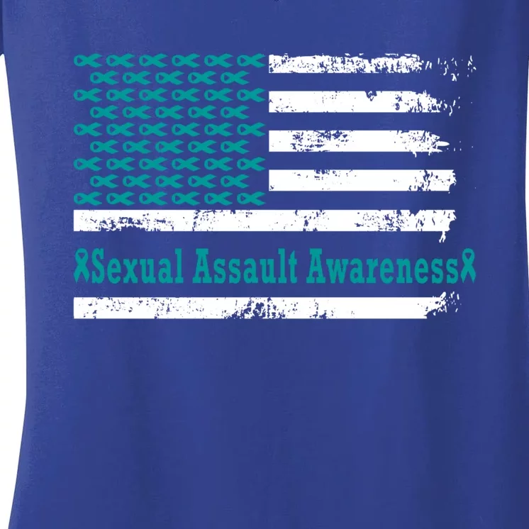 Sexual Assault Awareness Usa Flag American Support Teal Gift Women's V-Neck T-Shirt