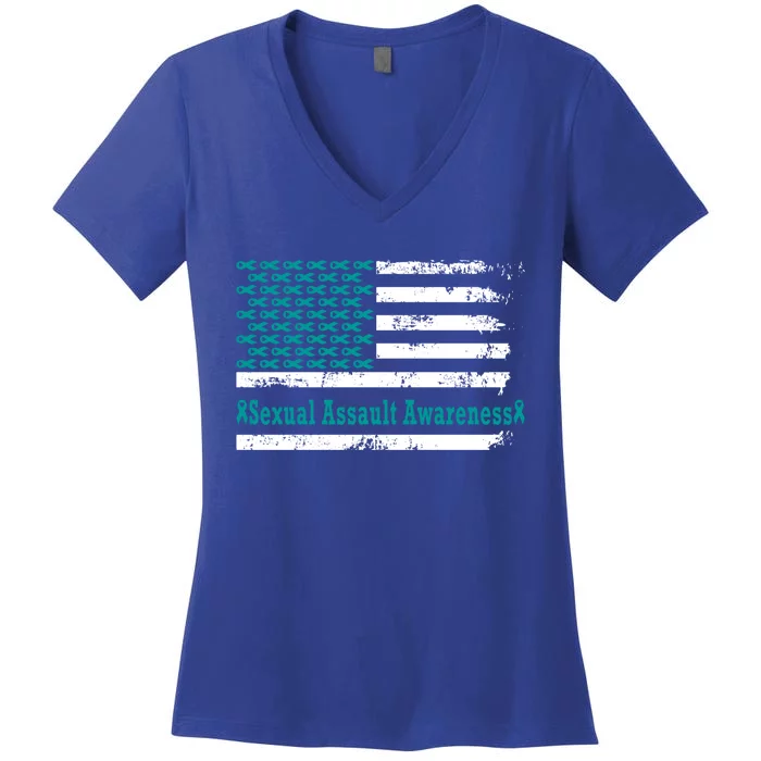 Sexual Assault Awareness Usa Flag American Support Teal Gift Women's V-Neck T-Shirt