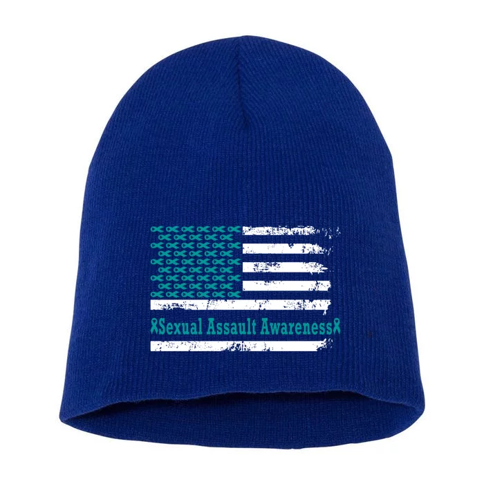 Sexual Assault Awareness Usa Flag American Support Teal Gift Short Acrylic Beanie