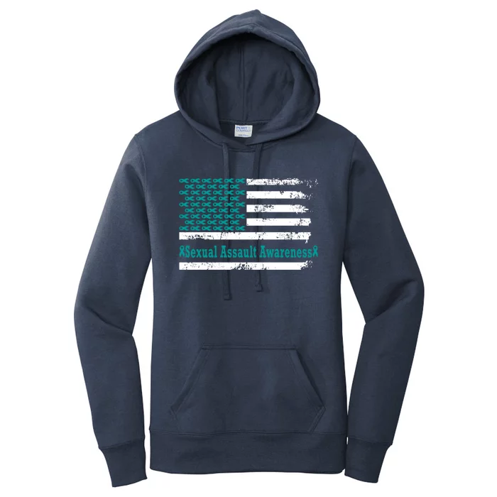 Sexual Assault Awareness Usa Flag American Support Teal Gift Women's Pullover Hoodie