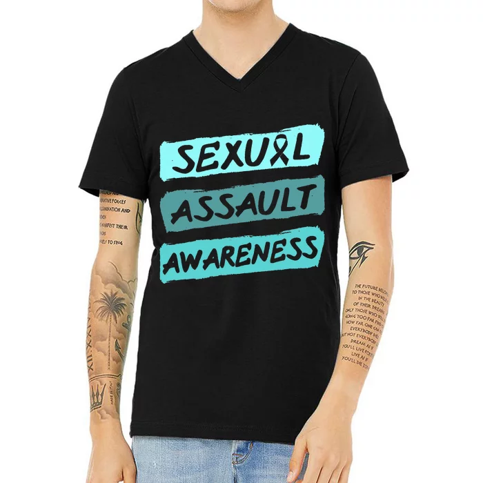 Sexual Assault Awareness Teal Ribbon V-Neck T-Shirt