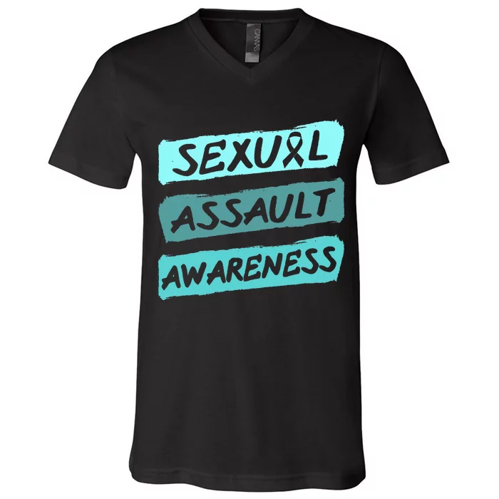 Sexual Assault Awareness Teal Ribbon V-Neck T-Shirt