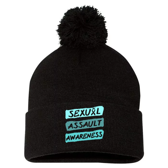 Sexual Assault Awareness Teal Ribbon Pom Pom 12in Knit Beanie