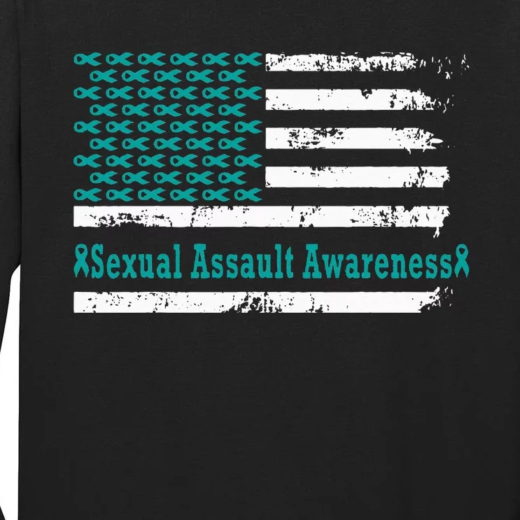 Sexual Assault Awareness USA Flag American Support Teal Tall Long Sleeve T-Shirt