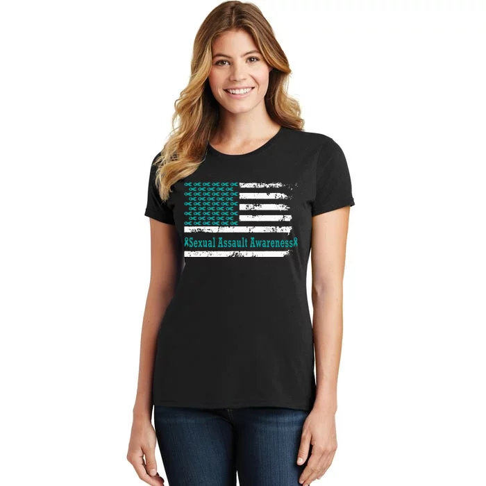 Sexual Assault Awareness USA Flag American Support Teal Women's T-Shirt