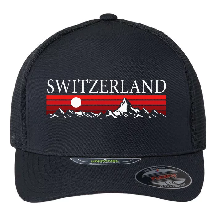 Swiss Alps And Red Sunset Switzerland Mountains Flexfit Unipanel Trucker Cap