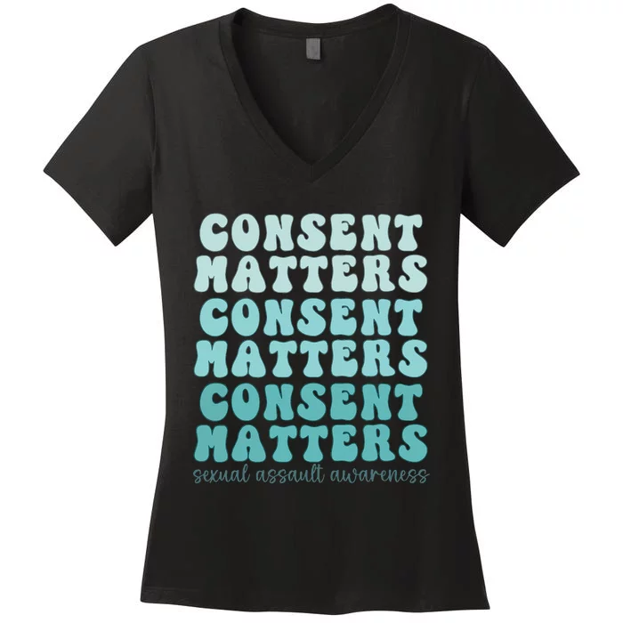 Sexual Assault Awareness Month Consent Matters Teal Ribbon Women's V-Neck T-Shirt