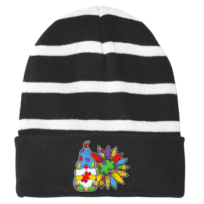 Sunflower Autism Awareness Day Gnome Striped Beanie with Solid Band