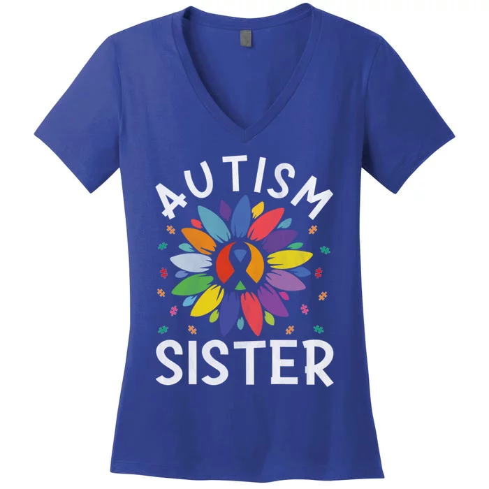 Sunflower Autism Awareness Day Matching Family Autism Sister Gift Women's V-Neck T-Shirt