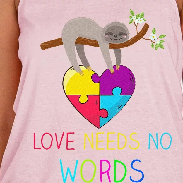 Sloth Autism Awareness Love Needs No Words Women's Knotted Racerback Tank