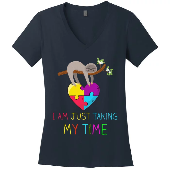 Sloth Autism Awarenesss I Am Taking My Time Women's V-Neck T-Shirt