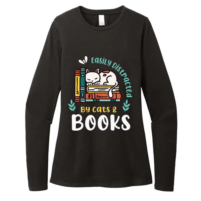 Saying About Books Easily Distracted By Cats And Books Womens CVC Long Sleeve Shirt